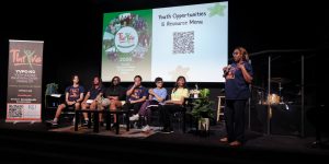 Jomella Watson-Thompson speaking at the ThrYve Forum, with Mayor Christal Watson, Dr Evelyn Hill, and Sumner Youth