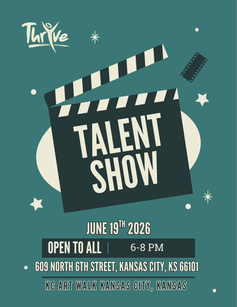Poster for a talent show event featuring a black and white clapperboard with "TALENT SHOW" in bold letters on a teal background with stars and filmstrip accents. Details include date June 19th, 2026, time 6-8 PM, location 609 North 6th Street, Kansas City, KS 66101, and mention of KC Art Walk Kansas City, Kansas.