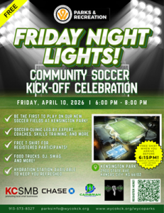 Community Soccer Kick-Off Celebration. Friday, April 10, 2026 | 6:00 pm - 8:00 pm. Be the first to play on our new soccer feilds at Kensington Park! Soccer clinic lead by Expert Coaches, Skills and Training, and More. Free t-shirt for Registered Participants! Food trucks, DJ Swag, and More. Hydration Station available to keep you refreshed.
